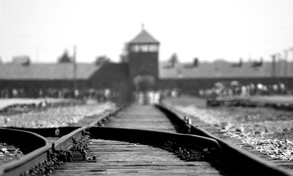 Black and white photograph of train tracks leading to the Auschwitz concentration camp.